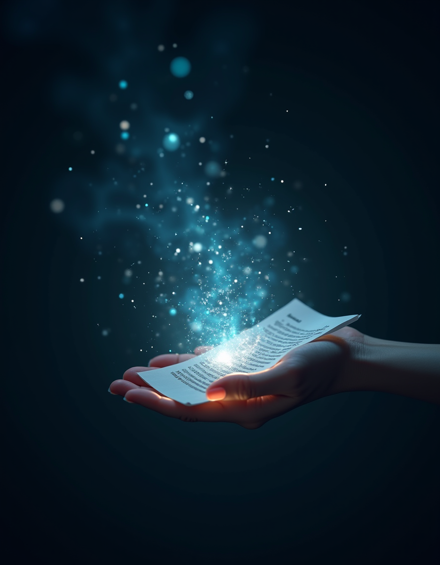 An open notebook glowing in cupped hands as commits lift off the page into light — PatchNotes turns raw history into release notes worth reading.